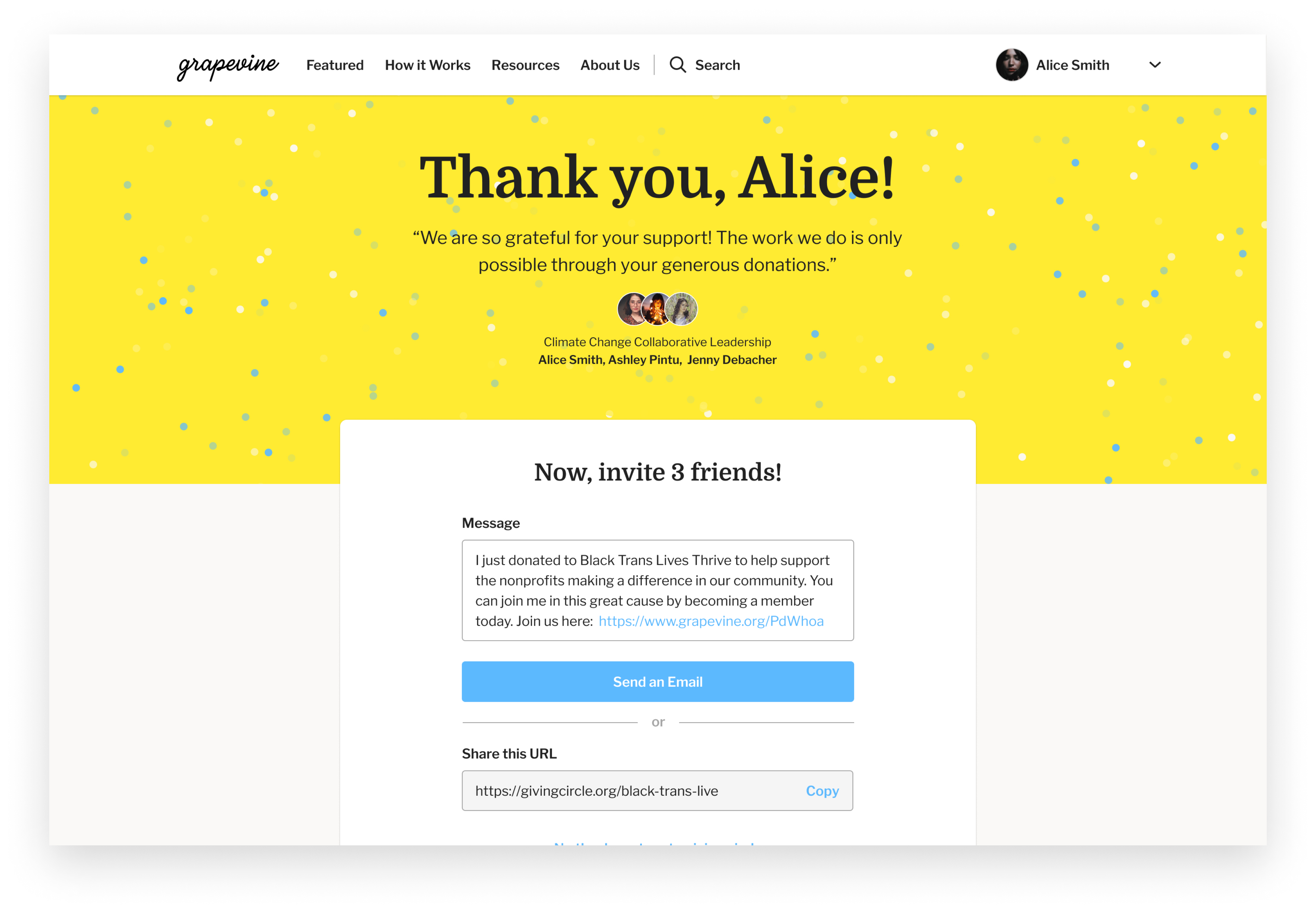 The donation confirmation thanks the member and encourages them to share as the next step in the onboarding flow.