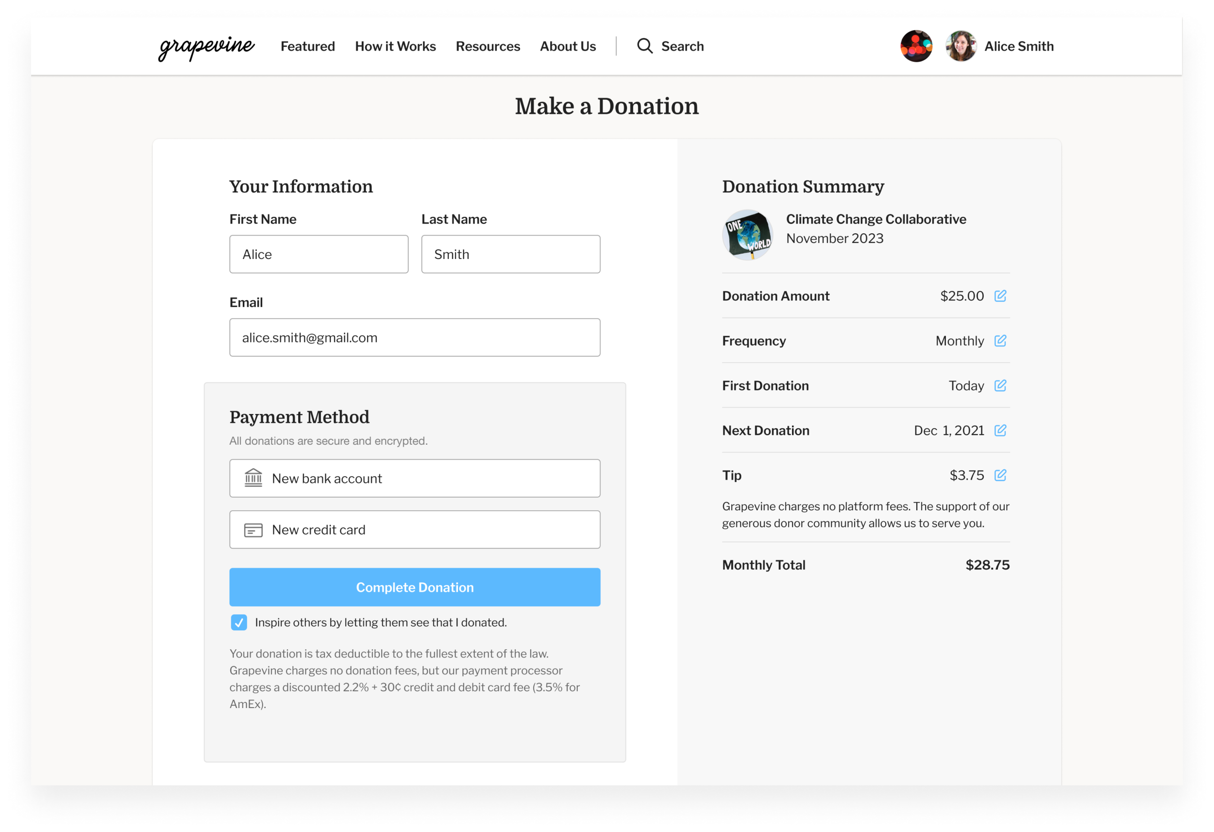 Grapevine simplified make a donation UI.