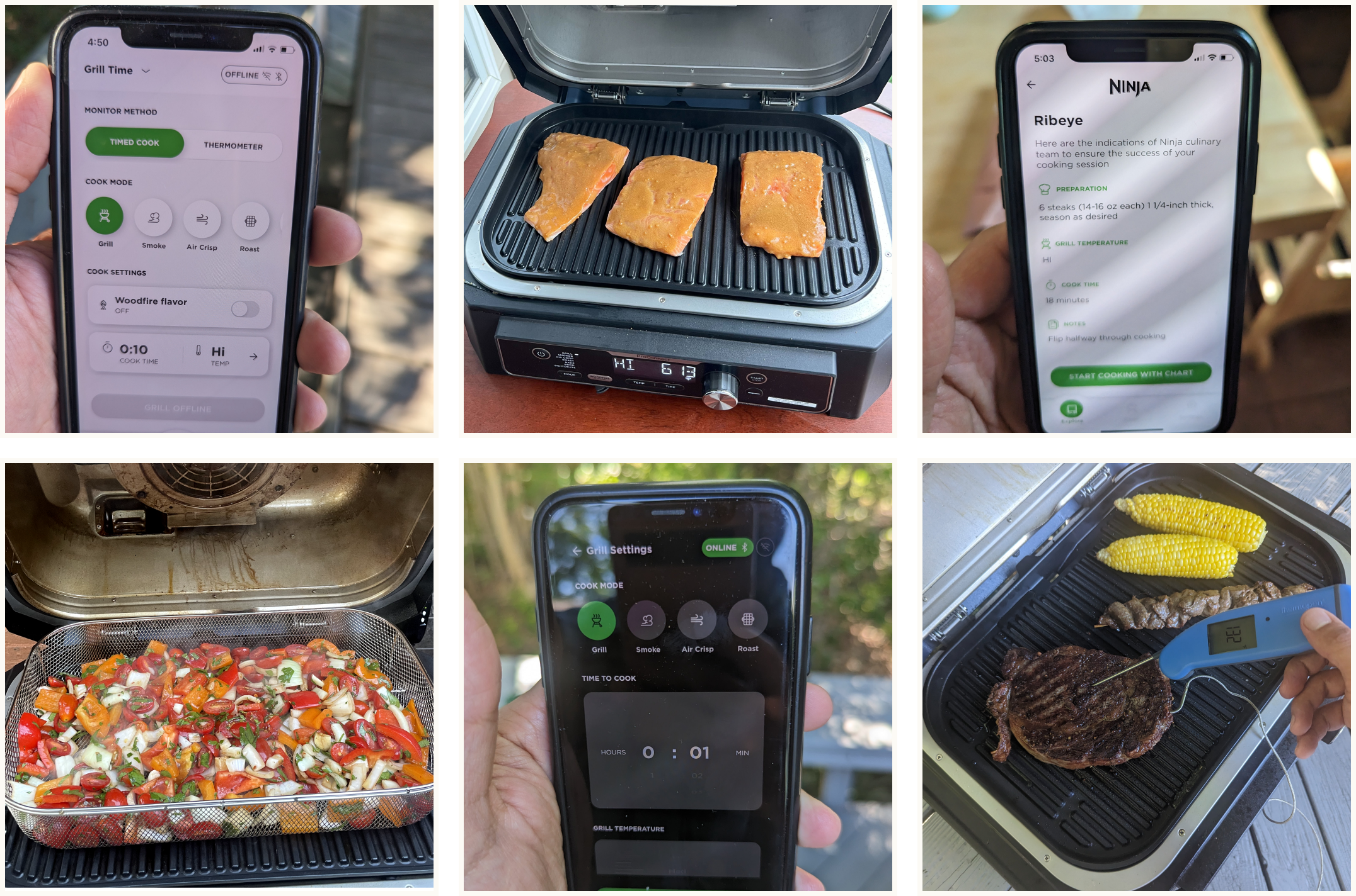 Collage of images from our testing of the ninja pro connect app and grill.