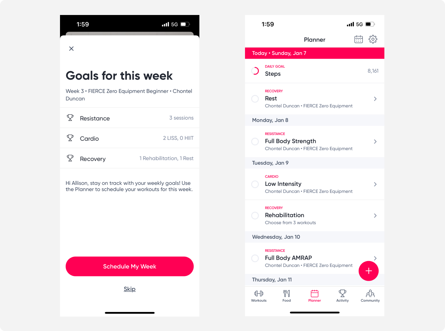 Screenshots of the Sweat app user interface showing goals for the week and daily planner features.