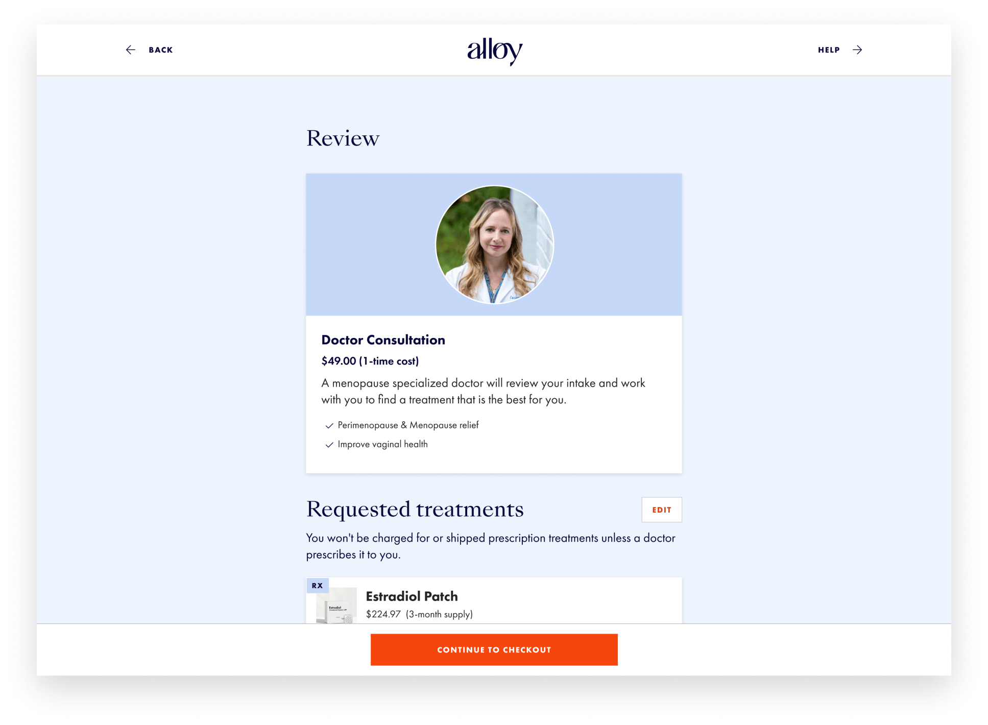 Desktop view of the Alloy Health review screen at the end of the intake flow.