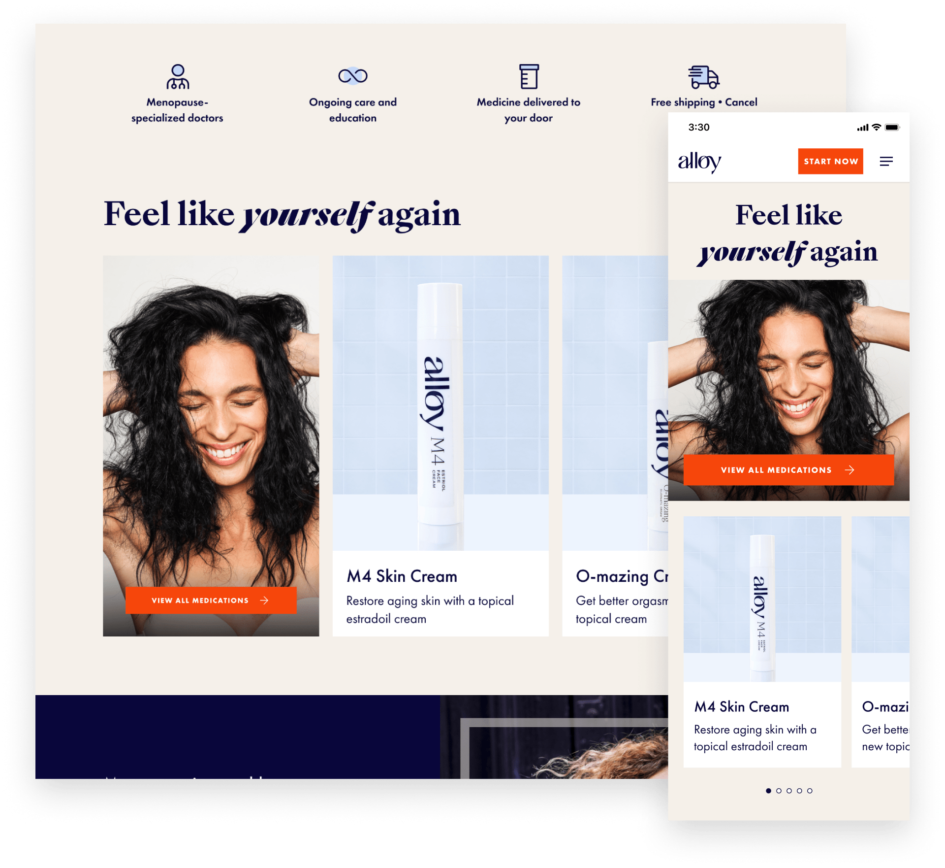Products featured on the homepage reinforces available treatment options as shown in the desktop and mobile views.
