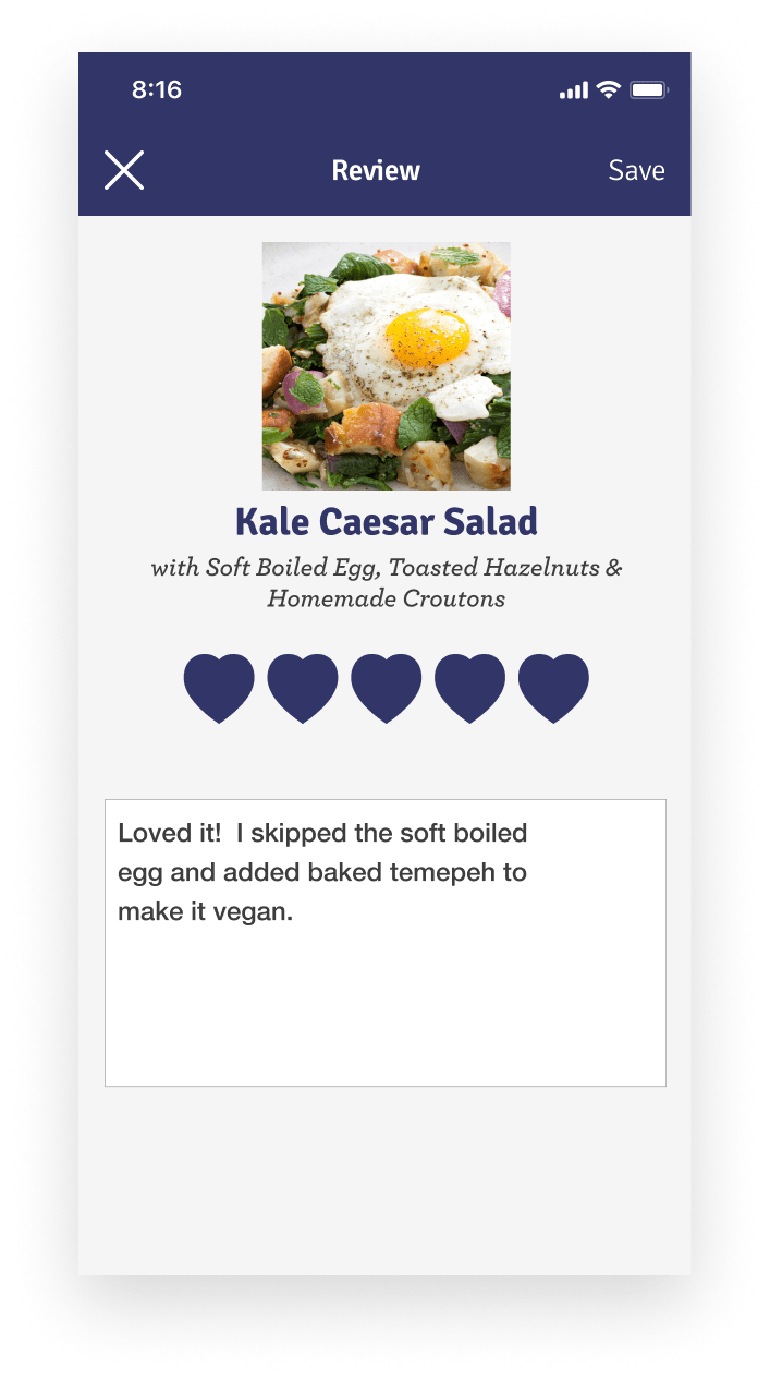 Users can rate the recipe using hearts and write a review.