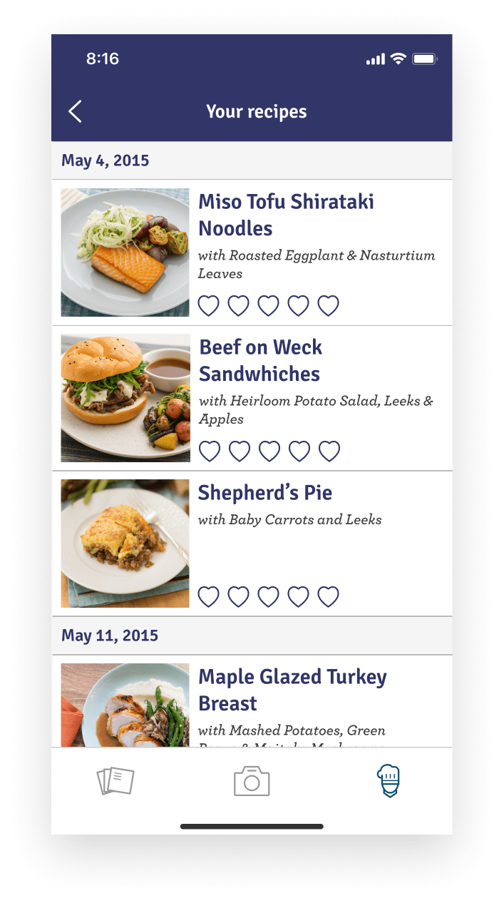 The users recipe history is shown with a prominent set of 5 empty hearts to prompt rating.